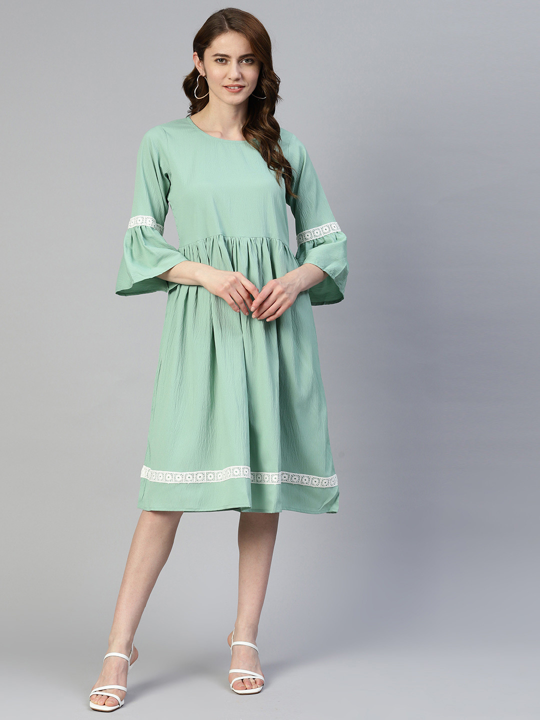 JAINISH Bell Sleeves A-Line Dress With Lace Inserts