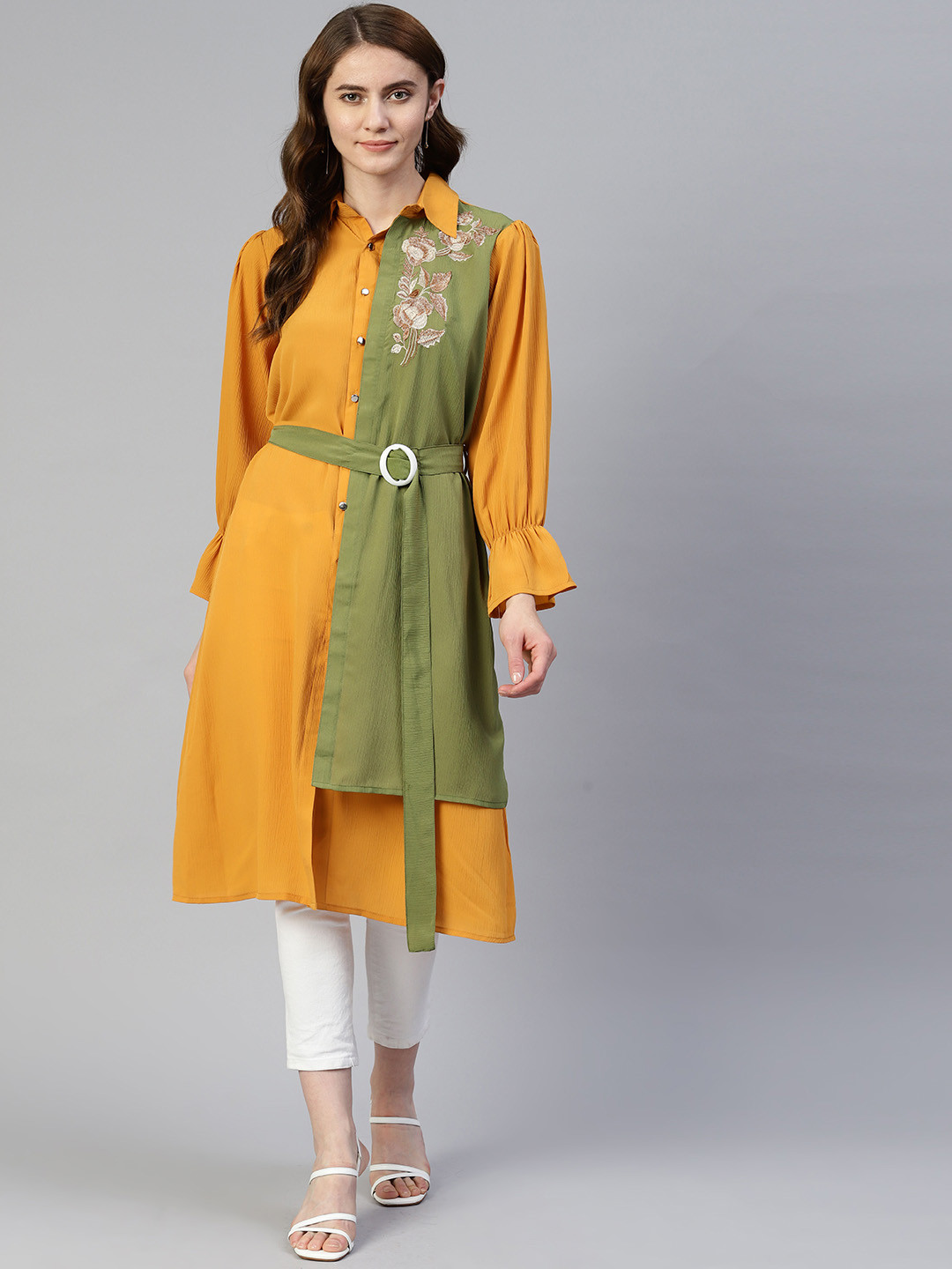 JAINISH Floral Embroidered Crepe Shirt Style Longline Top