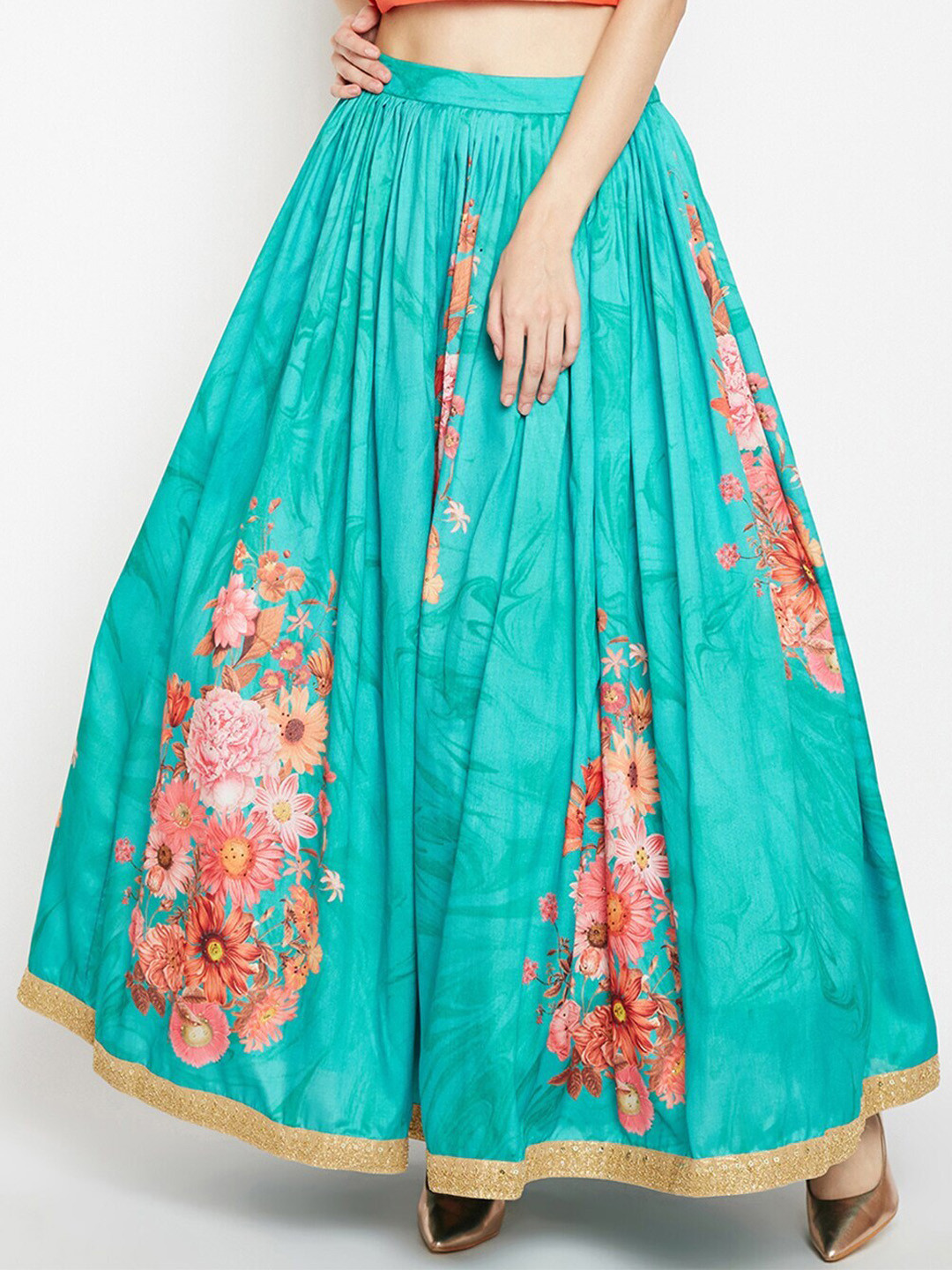 Be Indi Floral Printed Gathered or Pleated Flared Maxi Skirt