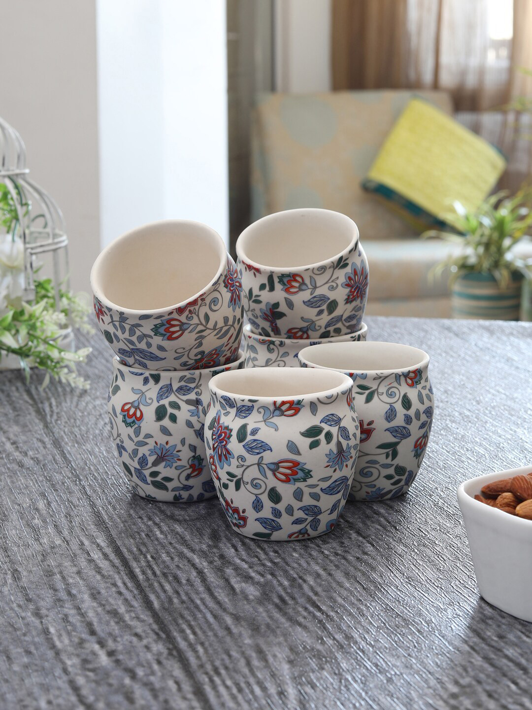 MIAH Decor Divit Name Personalised White Floral Stoneware Handmade 6 Piece Kulhad-190ml