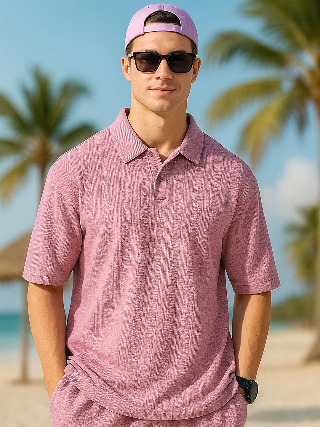 Maniac Men Self Design Polo Collar Cotton Oversize Fitted T-shirt