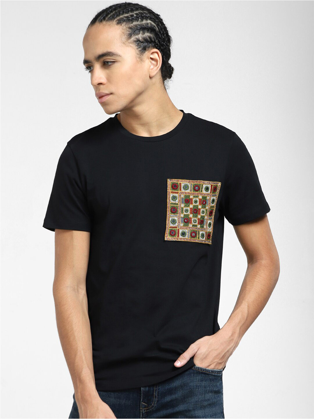Jack & Jones Crew Neck Kutch Patchwork Applique Pocket Cotton Slim Fit T-shirt