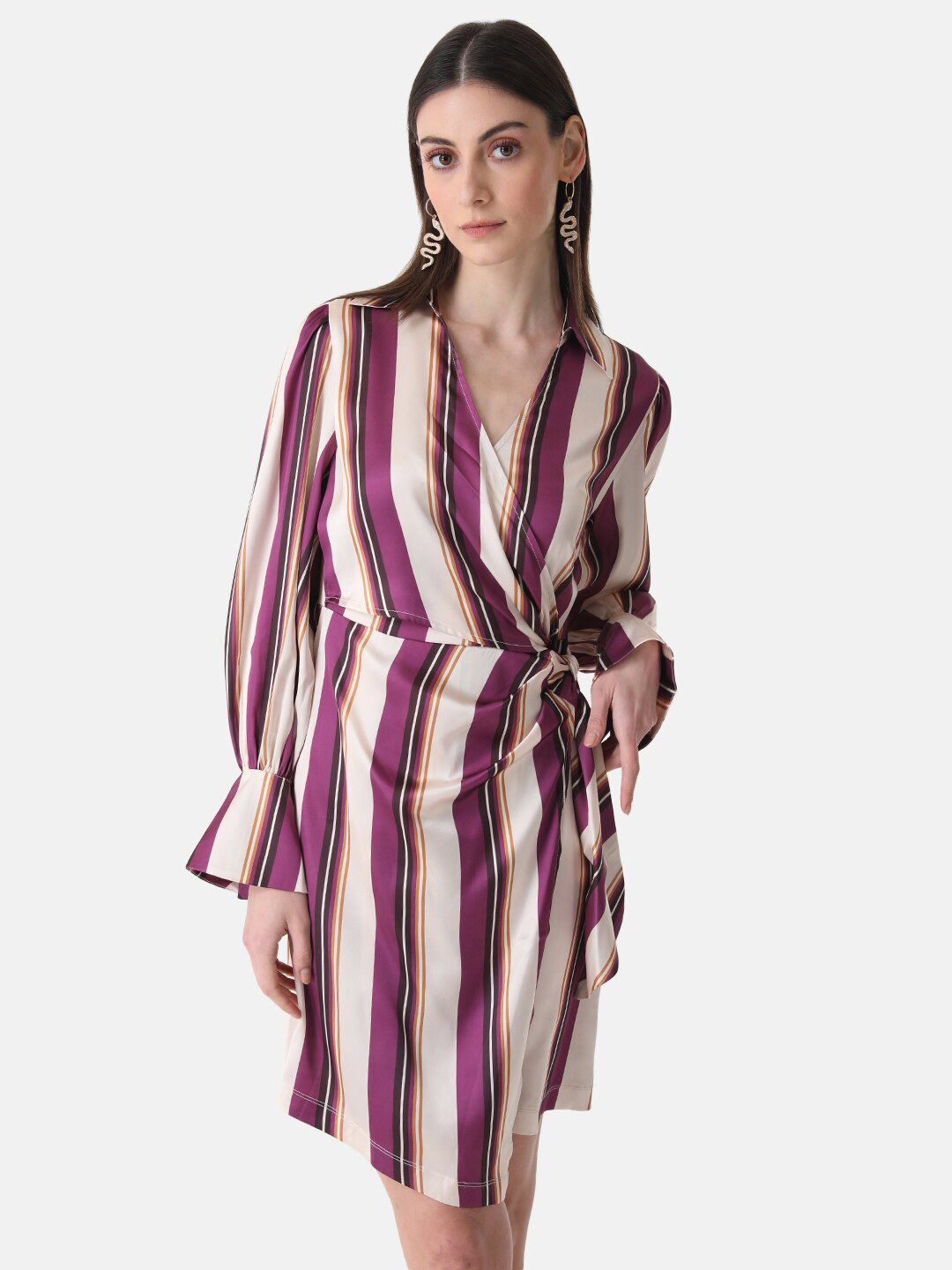 Kazo Striped V Neck Formal Mini Wrap Dress