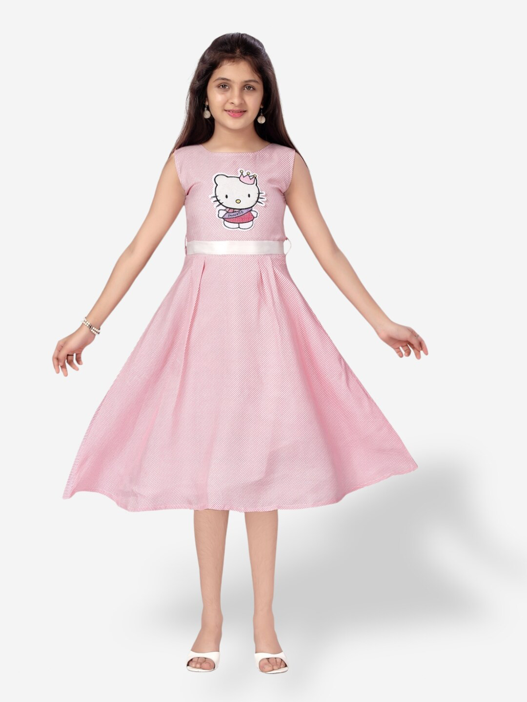 Aarika Girls Hello Kitty Printed Belted Cotton Fit & Flare Dress