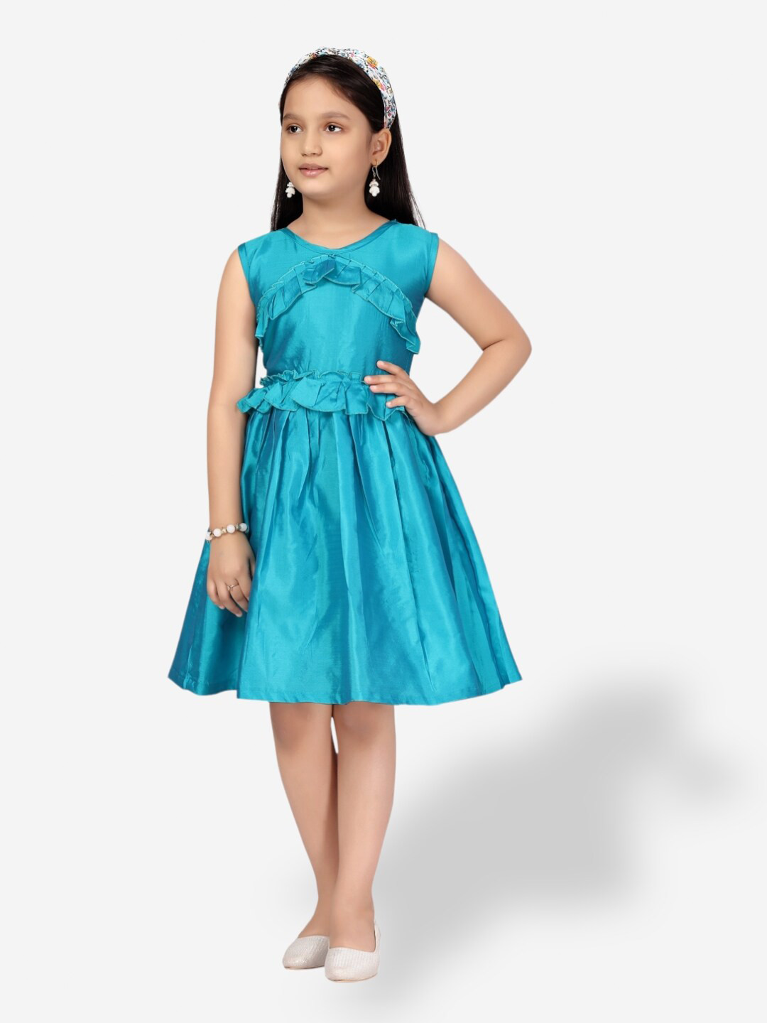 Aarika Girls Round Neck Ruffles Silk Dress