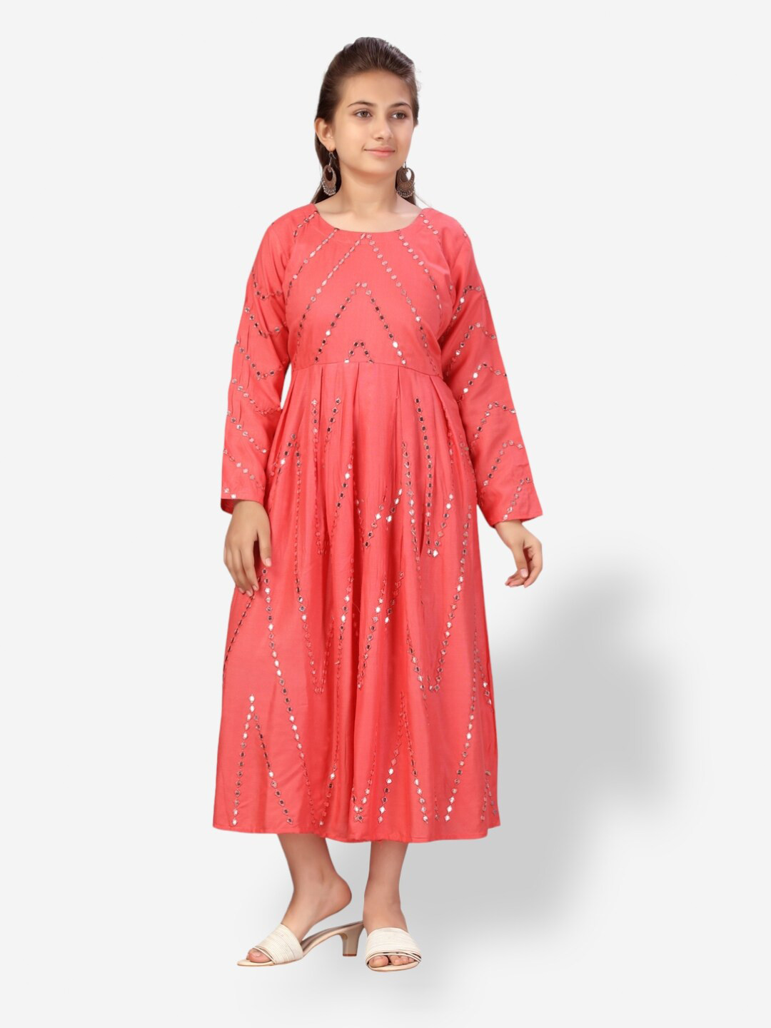 Aarika Girls Embellished Mirror Work Fit And Flare Dress