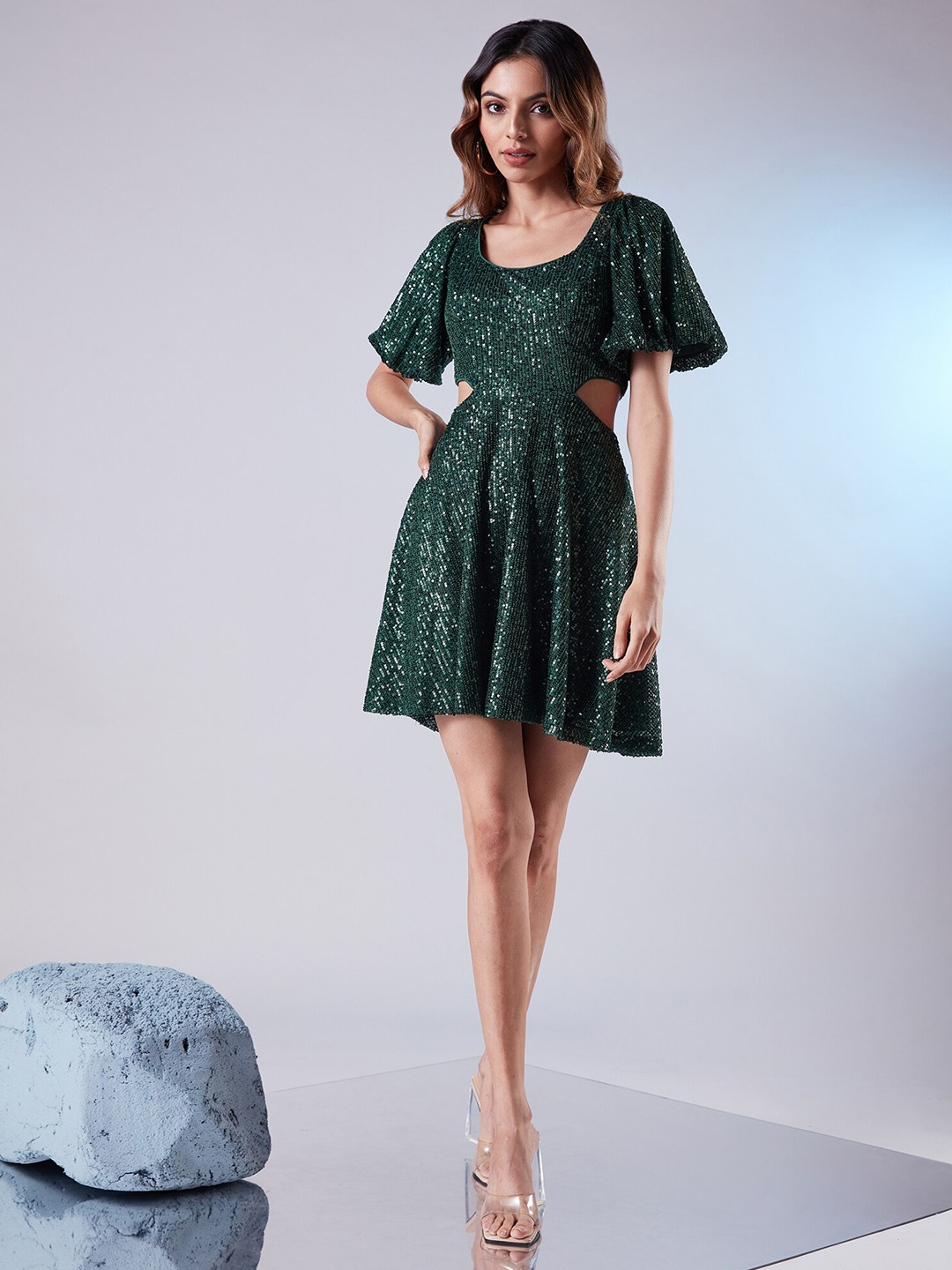 kaori green off the shoulder skater dress