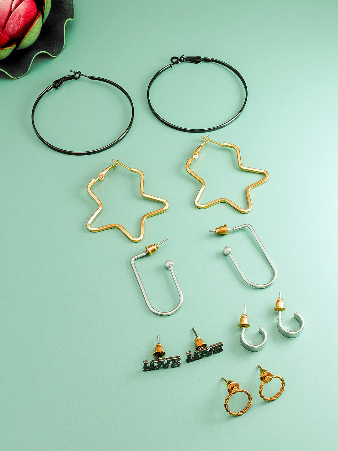 aadita Set Of 6 Silver & Gold-Plated Geometric Hoop and Studs Earrings