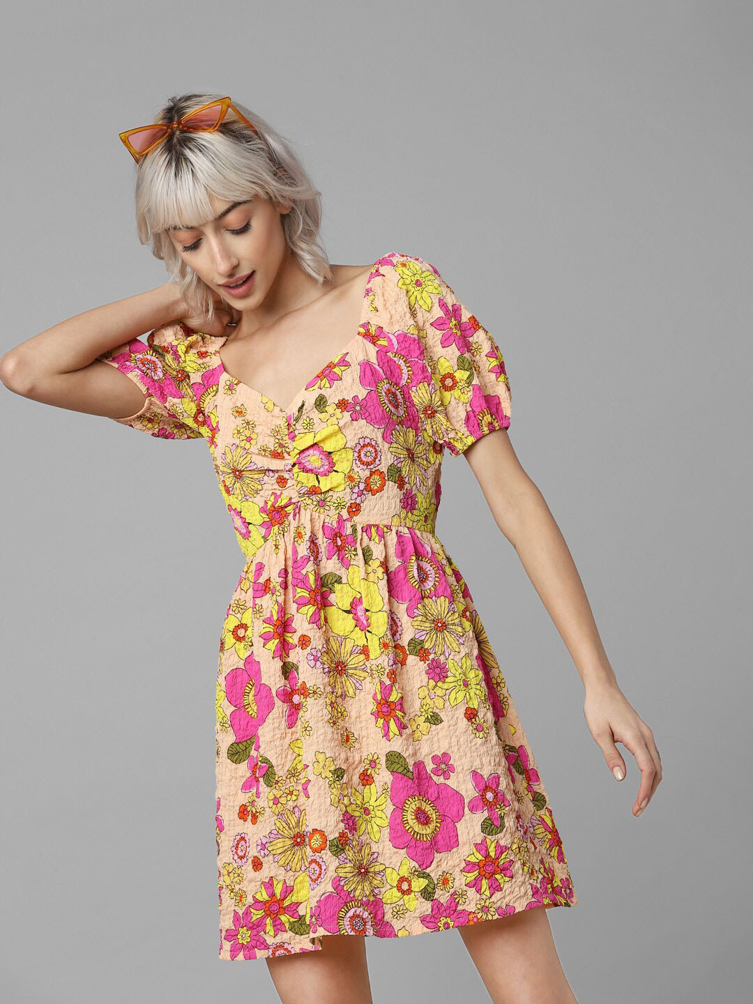 ONLY Floral Printed Sweet Heart Neck Puff Sleeves A-Line Dress