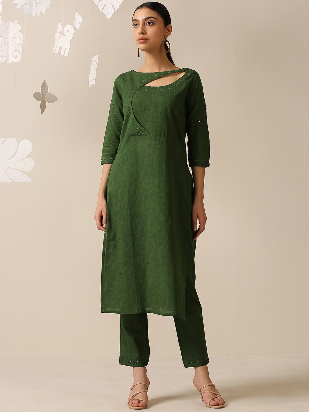 OKHAI Applique Embroidered & Mirror Work Pure Cotton Kurta with Trousers