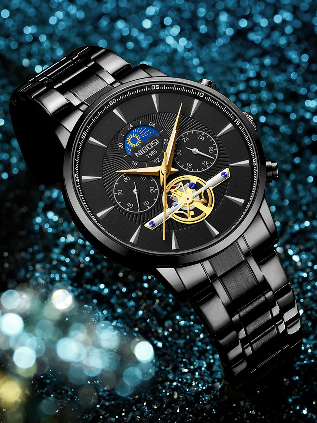 Nibosi Men Skeleton Dial & Stainless Steel Straps Analogue Chronograph Watch NB-2309A