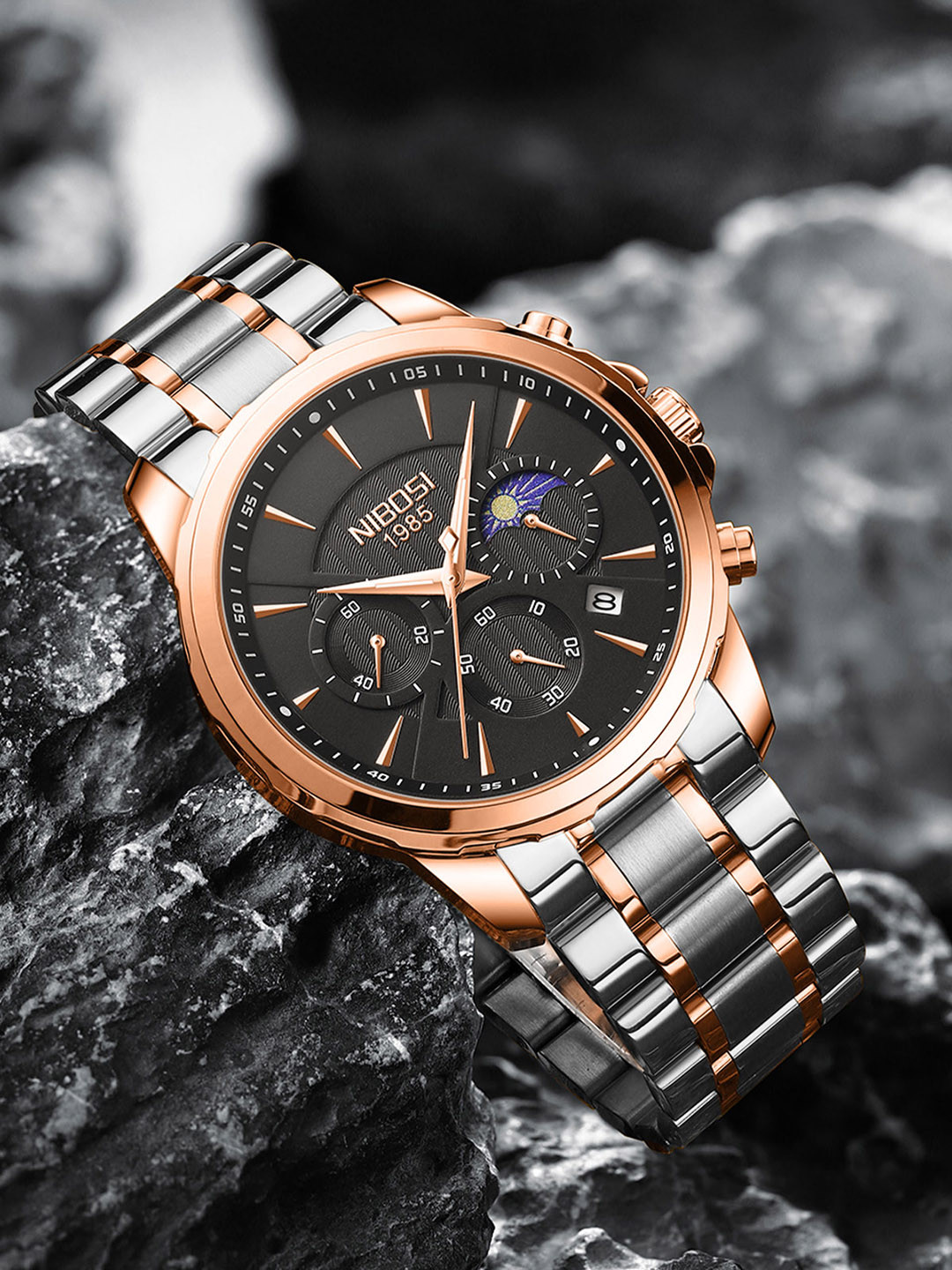 Nibosi Men Patterned Dial & Stainless Steel Bracelet Style Straps Analogue Watch NB-2575