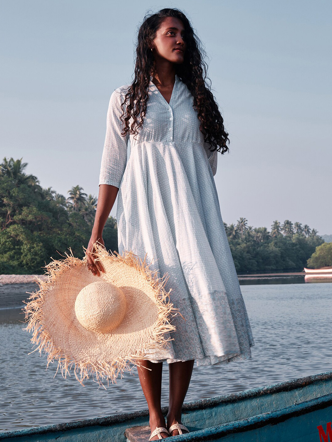 OKHAI Micro Pattern Printed Mandarin Collar Cotton Midi Fit & Flare Dress