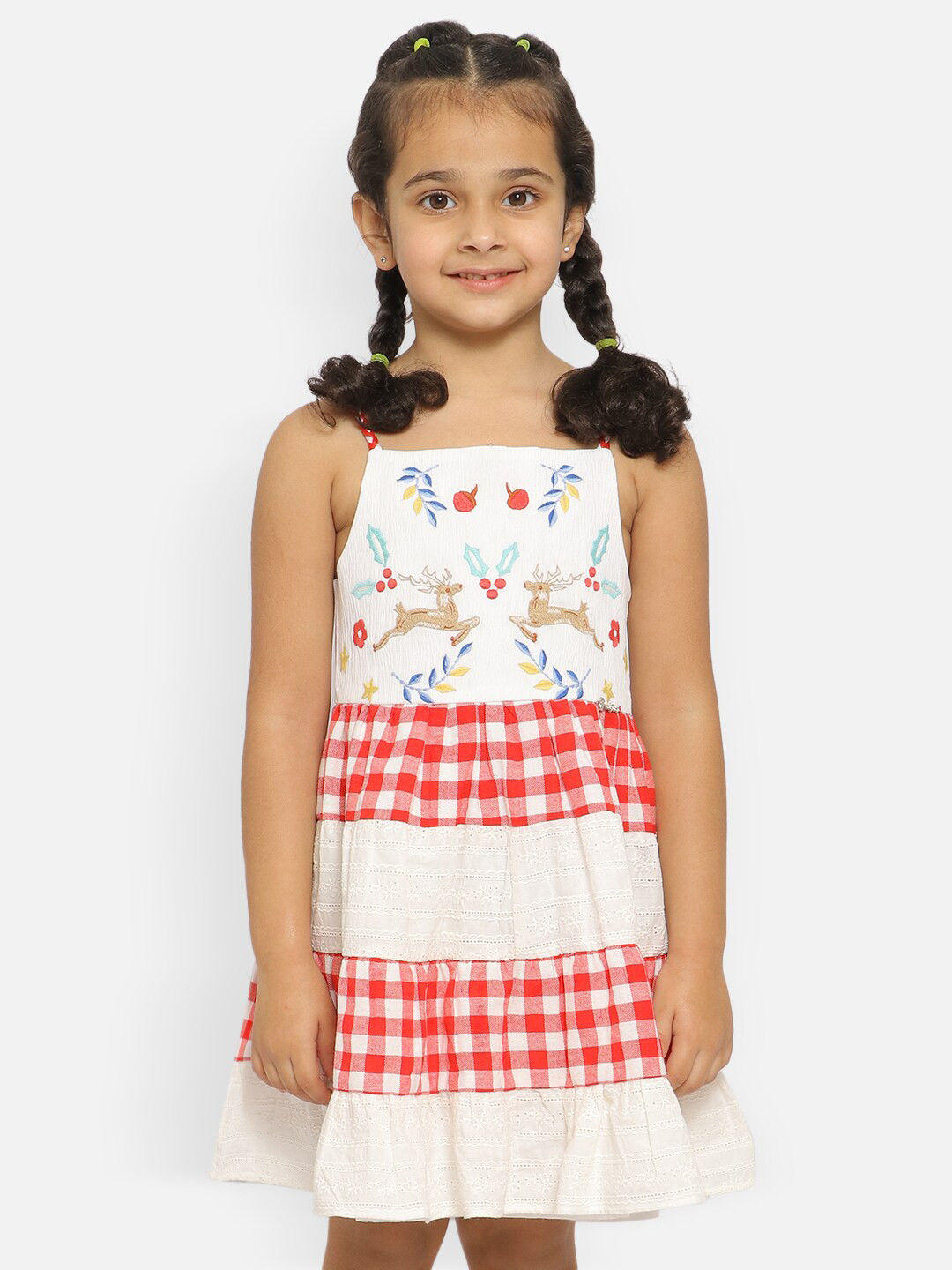 Nauti Nati Girls Raindeer embroidered Shoulder Straps Crepe Dress