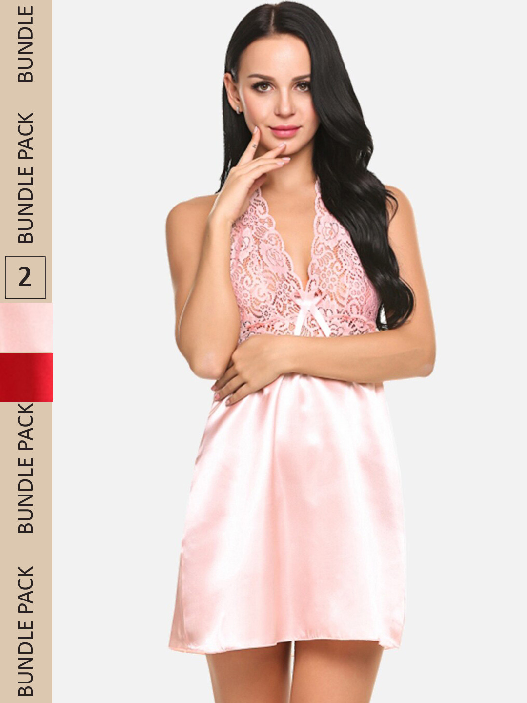 FIMS Pack of 2 Satin Halter Neck Baby Doll
