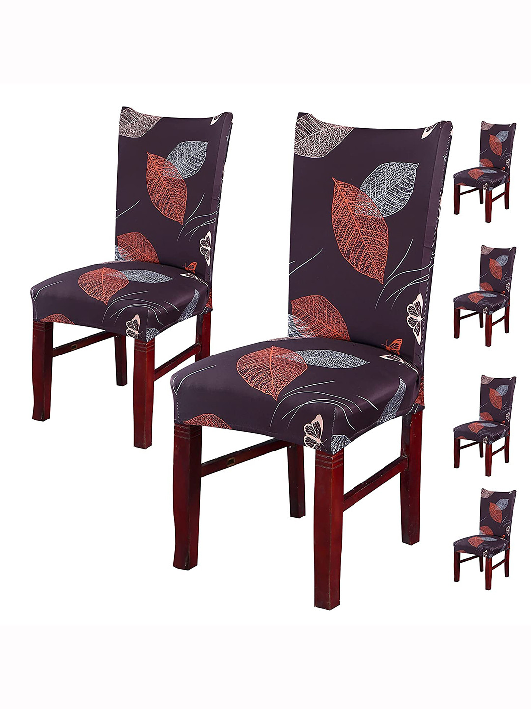 HOUSE OF QUIRK Mauve & Brown 6 Pcs Leaf Printed Stretchable Removable Chair Covers