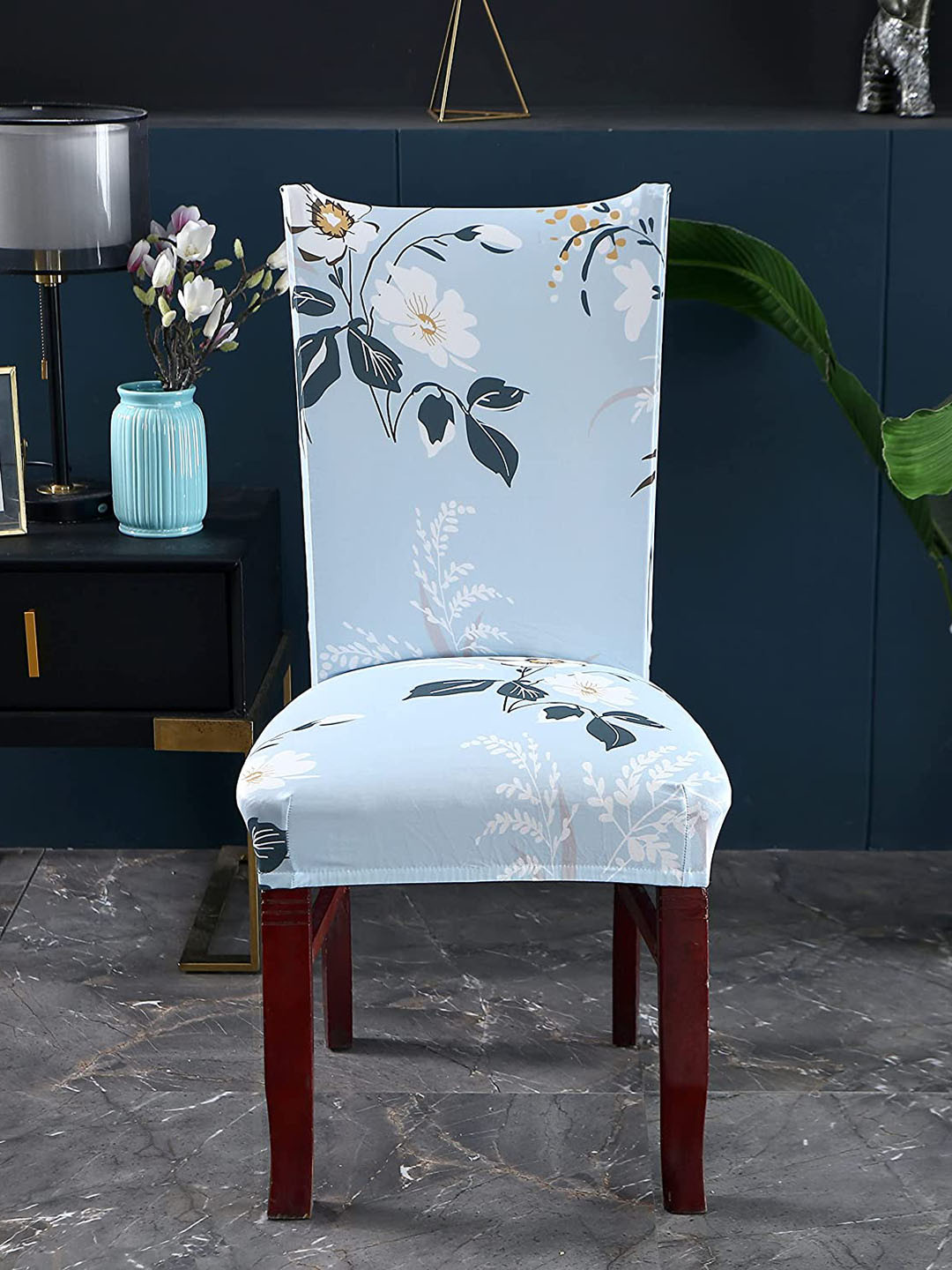 HOUSE OF QUIRK Turquoise Blue & Grey Printed Stretchable Removable Chair Covers