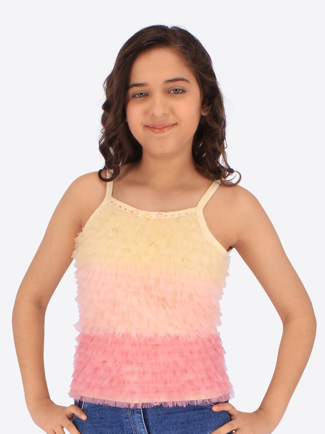 CUTECUMBER Girls Shoulder Strap Ruffles Net Top