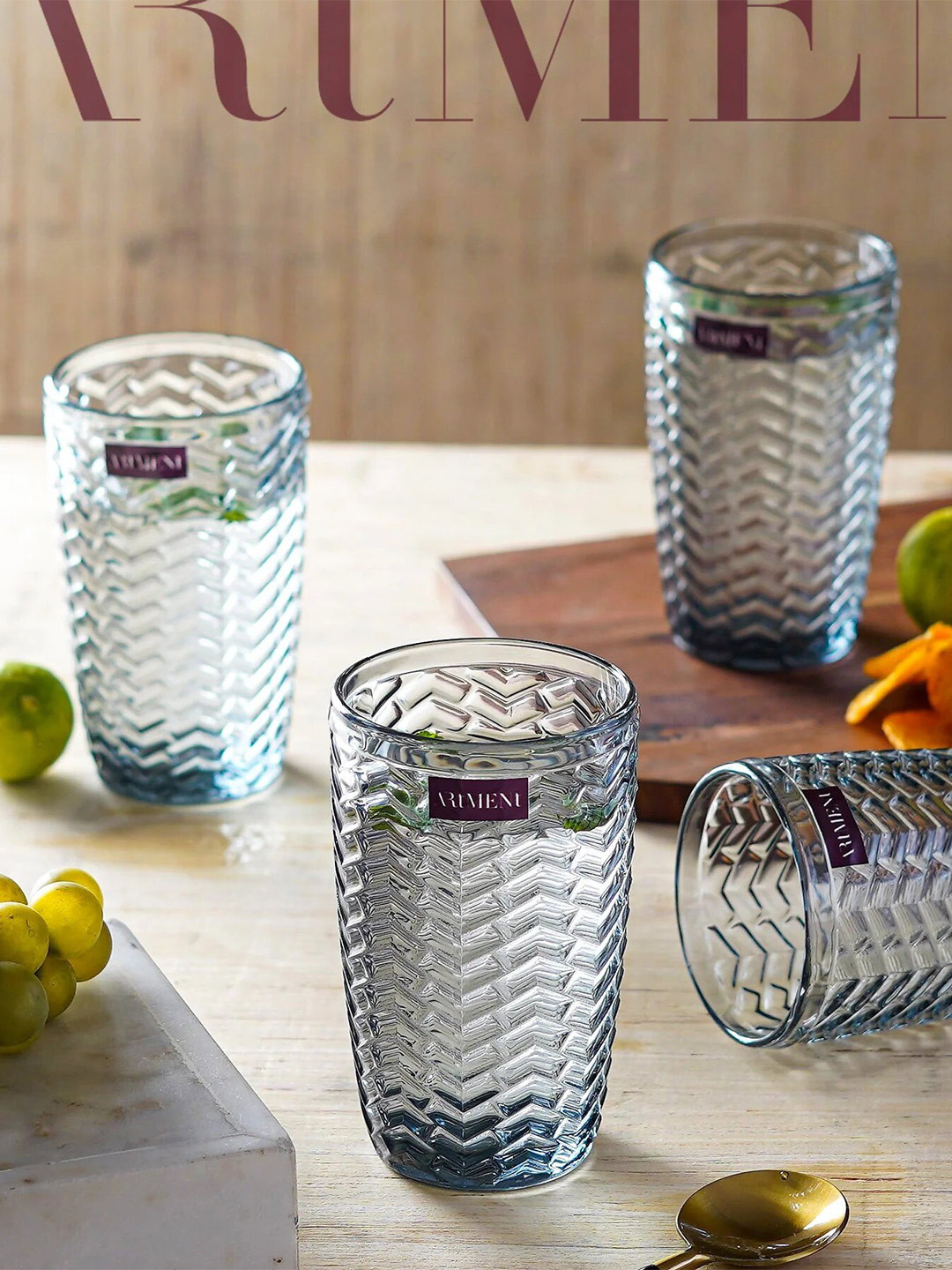 THE ARTMENT Modern Muse Transparent 4 Pcs Textured Tumbler Glass 390 ml Each