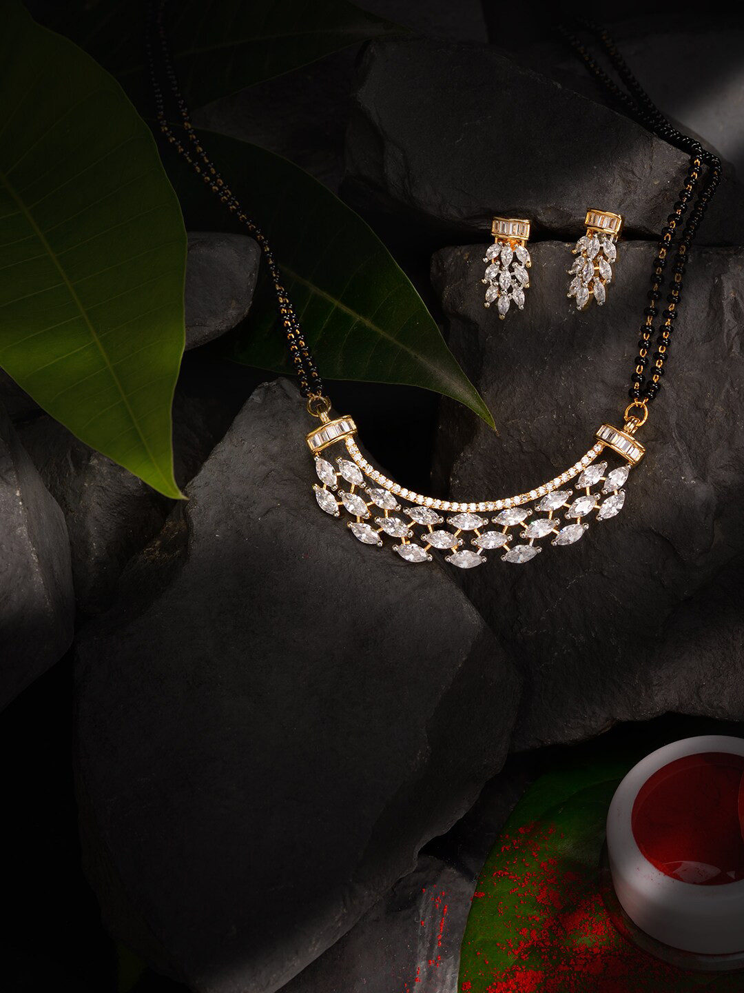 Saraf RS Jewellery Gold-Plated Beads AD Studded Mangalsutra With Earrings