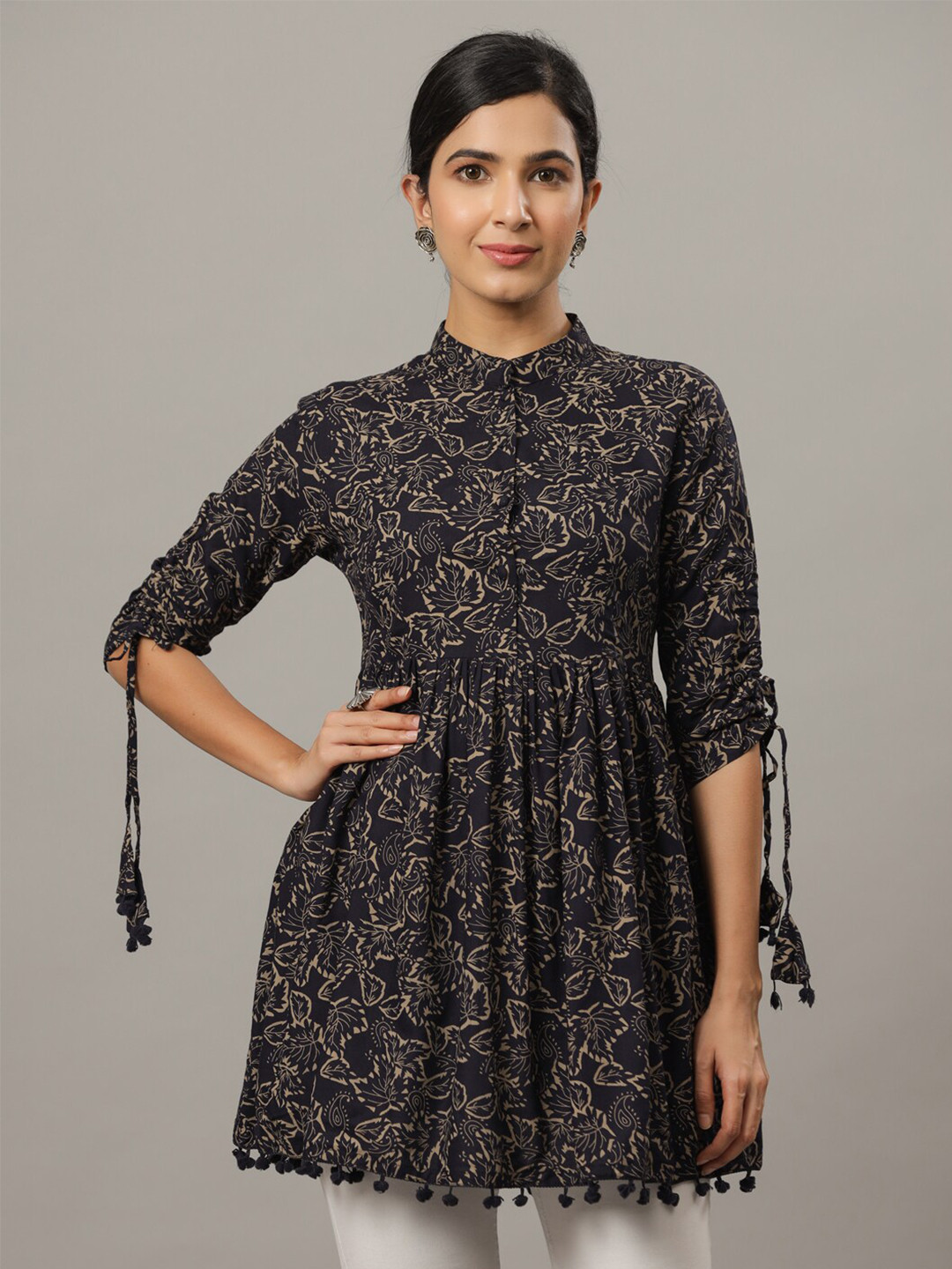 Indian Virasat Blue Floral Printed Empire Longline Top