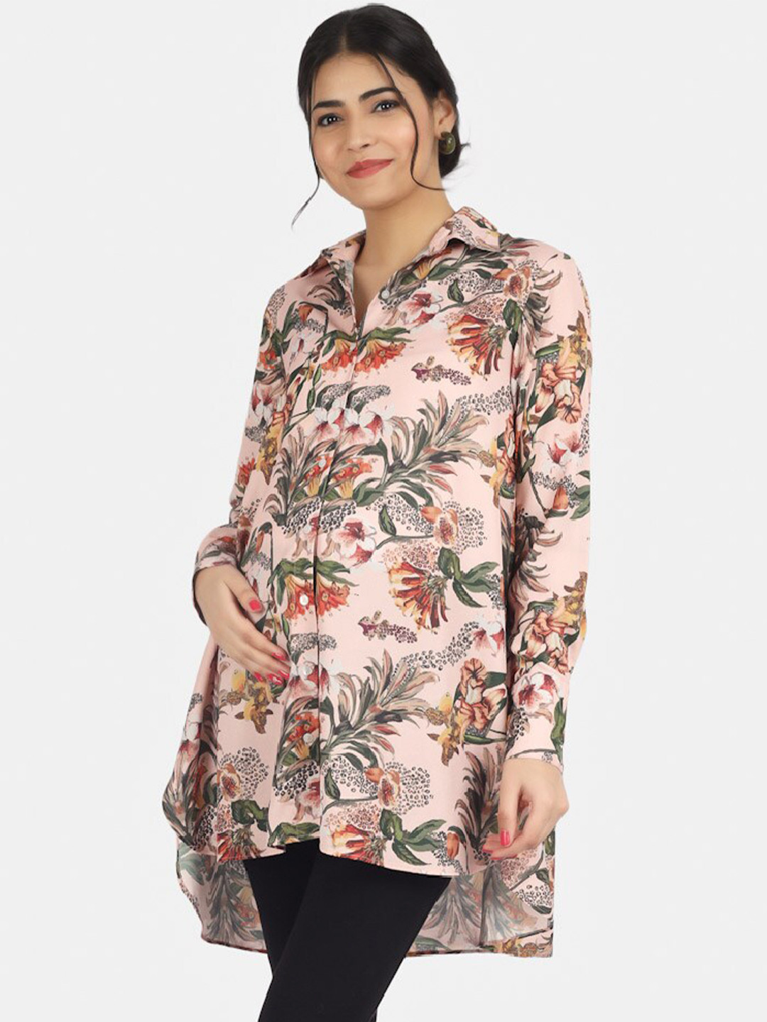 angloindu Spread Collar High-Low Floral Printed Maternity Shirt