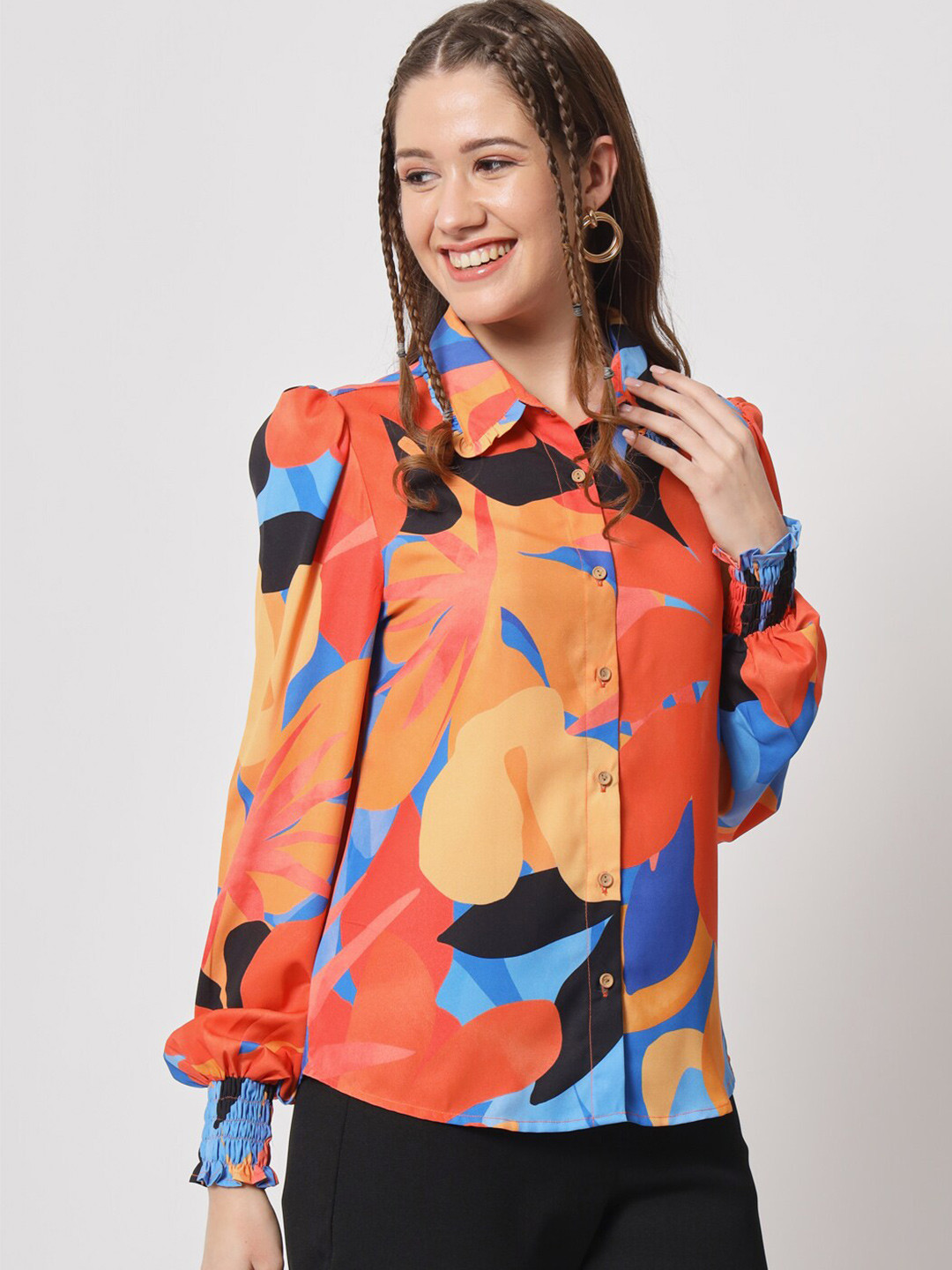 angloindu Floral Printed Puff Sleeves Casual Shirt