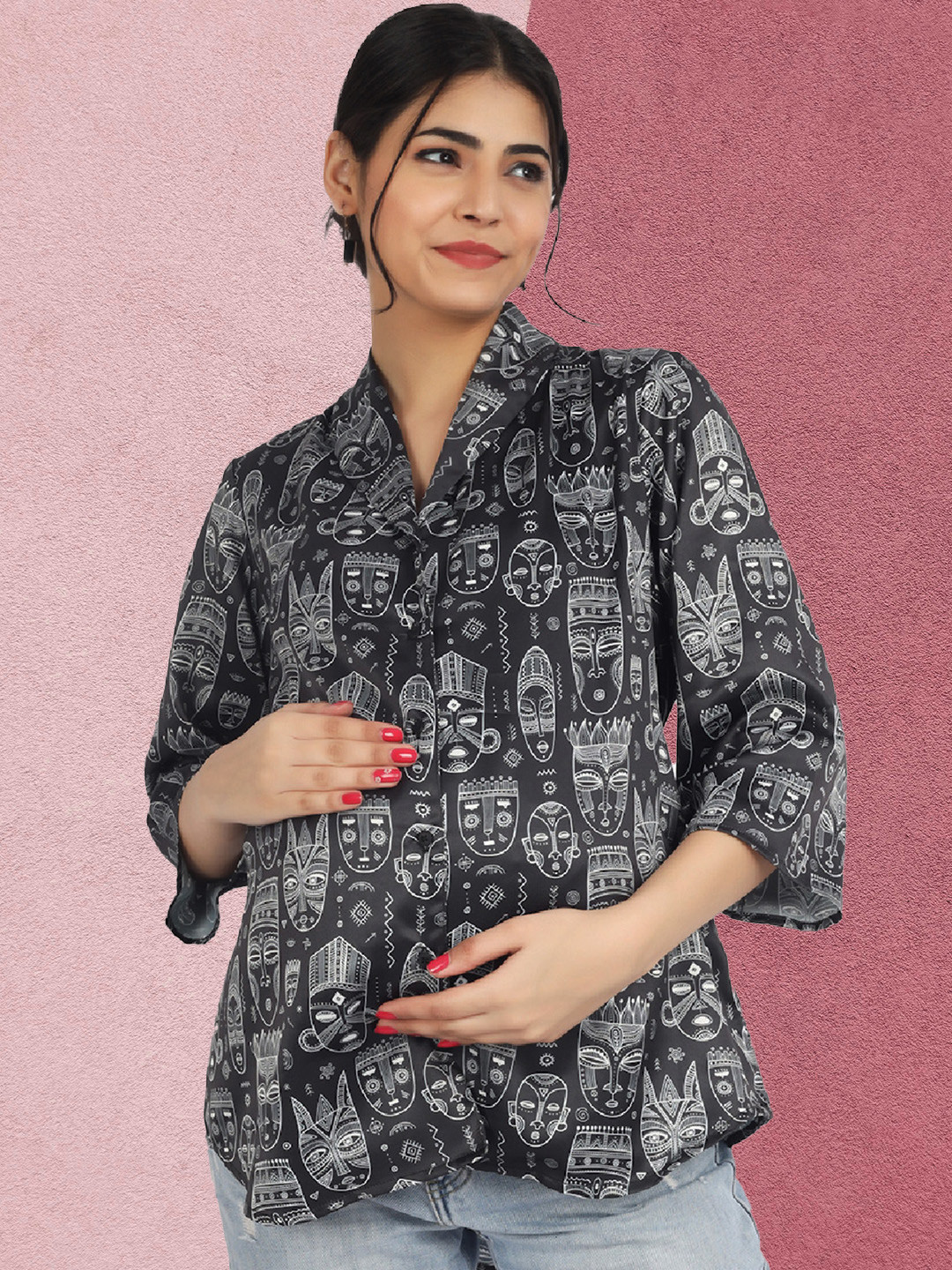 angloindu Printed Tie-Up Shawl Collar Satin Maternity Top