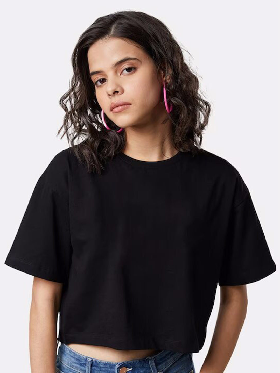 COLOR CAPITAL Drop-Shoulder Sleeves V-Neck Boxy Crop Cotton T-shirt