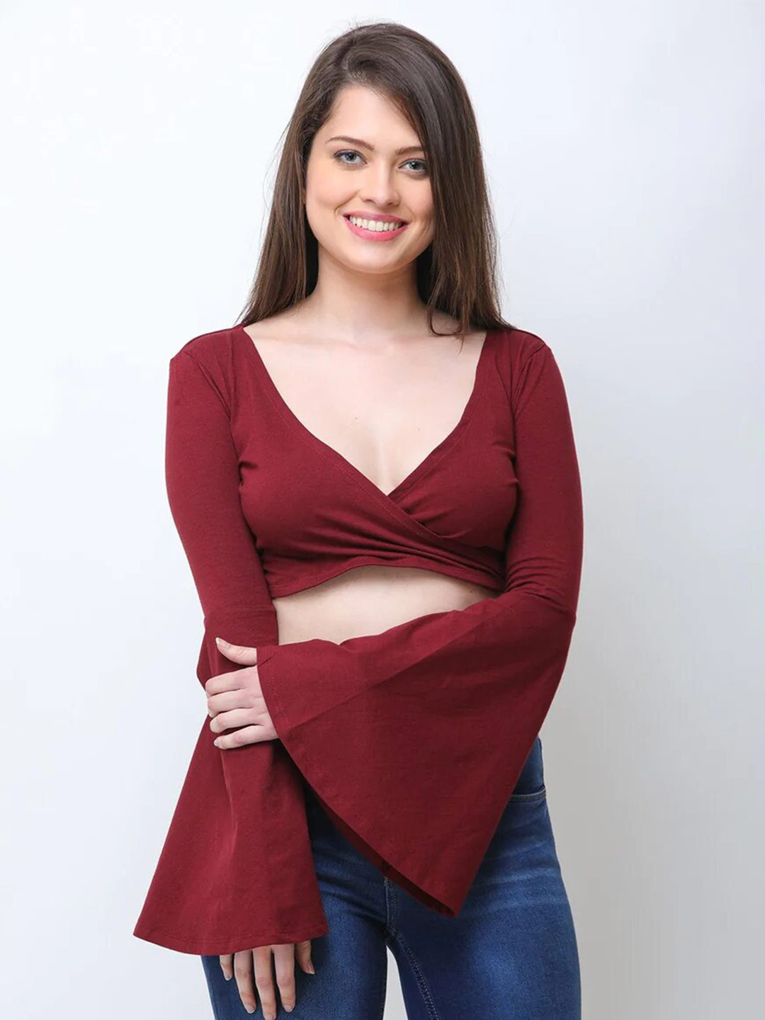 COLOR CAPITAL  V-Neck Flared Sleeves Wrap Crop Top