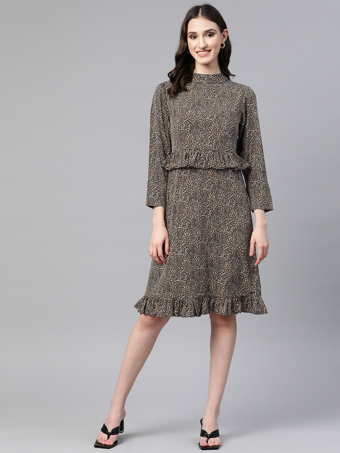 Cottinfab Animal Print High Neck Ruffled  A-Line Dress