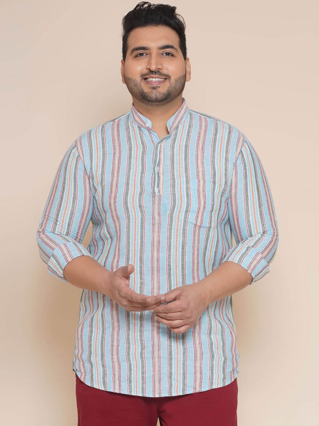 John Pride Plus Size Mandarin Collar Striped Pure Linen Casual Shirt