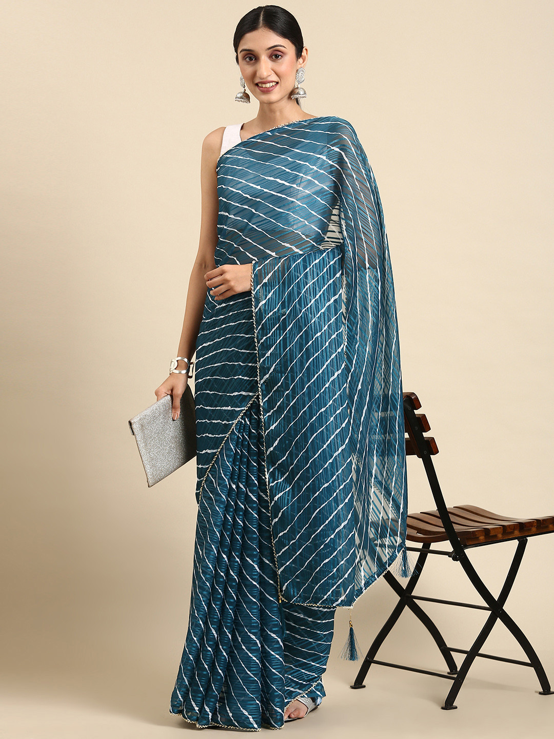 kasee Digital Printed Striped Satin Saree