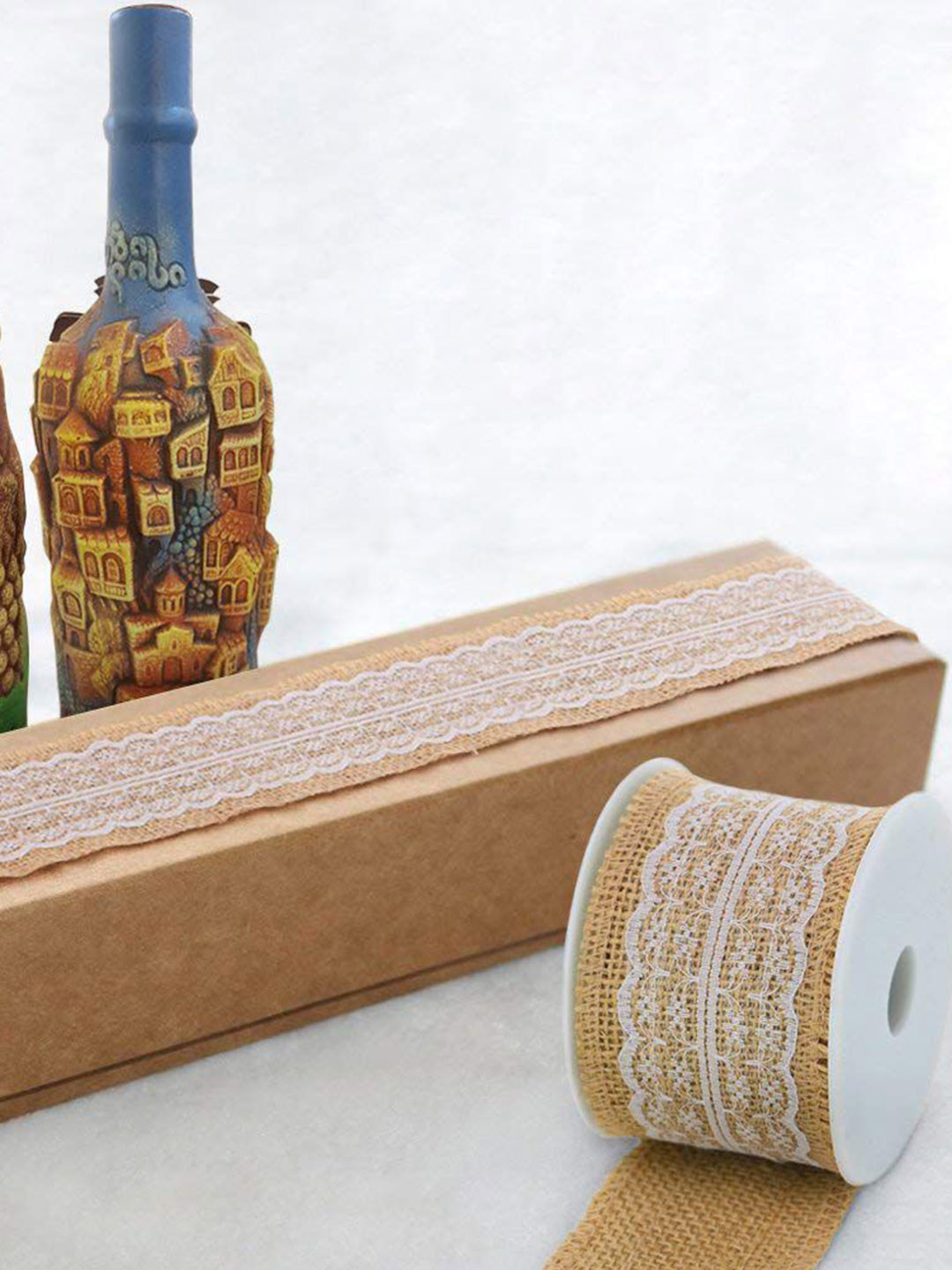 BS AMOR Pack Of 2 Natural Jute Burlap Ribbon With Lace DIY Gift-Wrapping