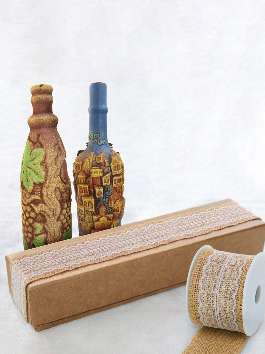 BS AMOR Set of 5 Natural Jute Burlap Ribbon With Lace DIY Gift-Wrapping