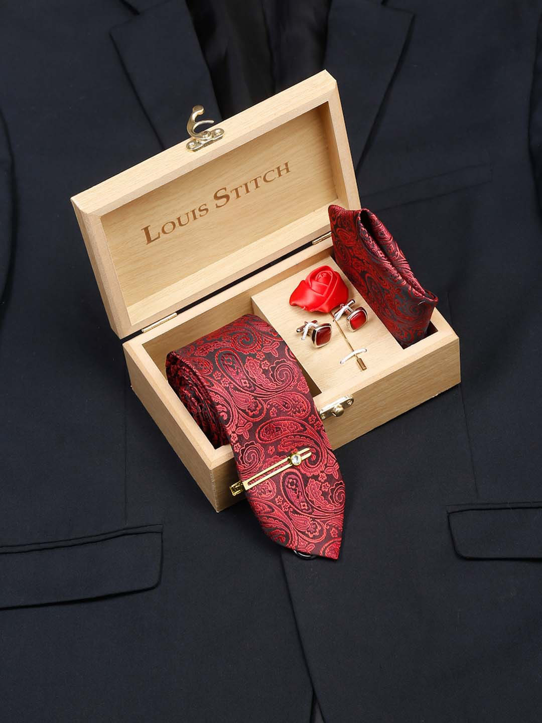 LOUIS STITCH Men Ferrari Red Italian Silk Necktie Accessory Gift Set