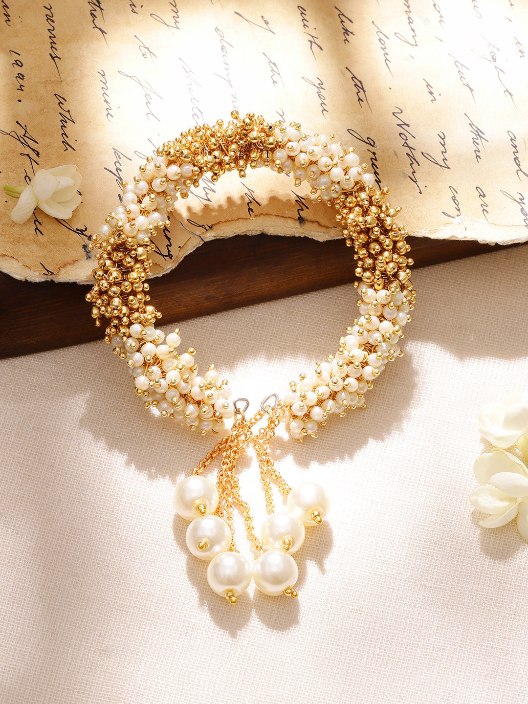 Rubans 18K Gold Plated Handcrafted White and Gold Pearl Beaded Kada Bracelet