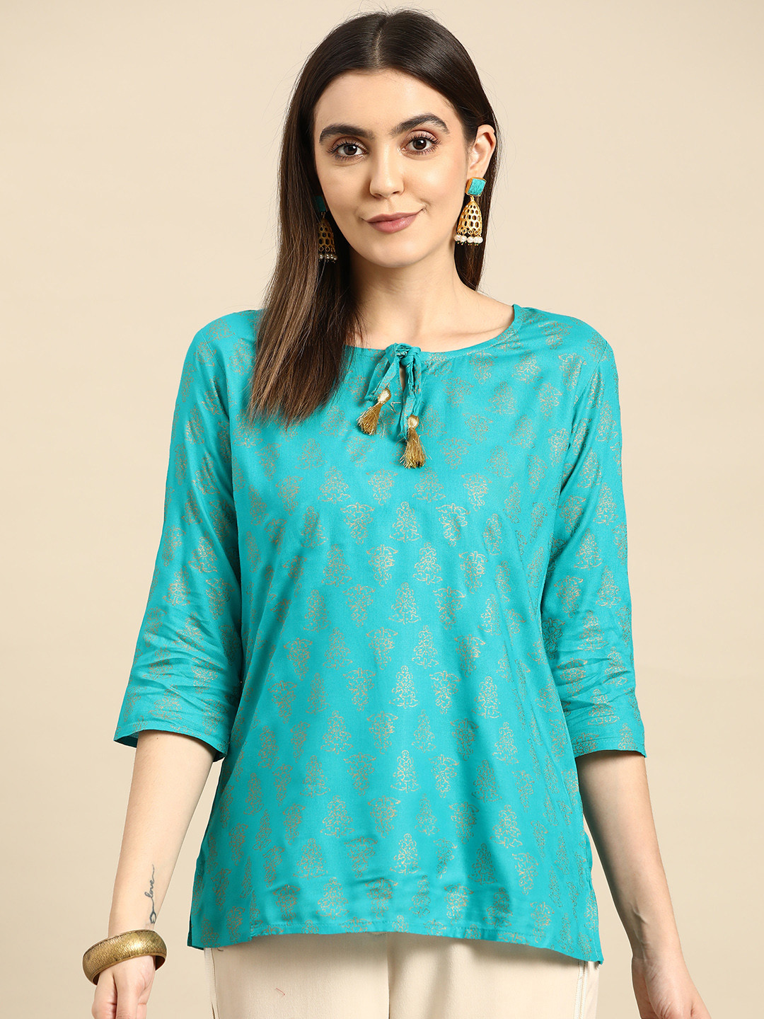 Anouk Turquoise Blue Printed Short Kurti