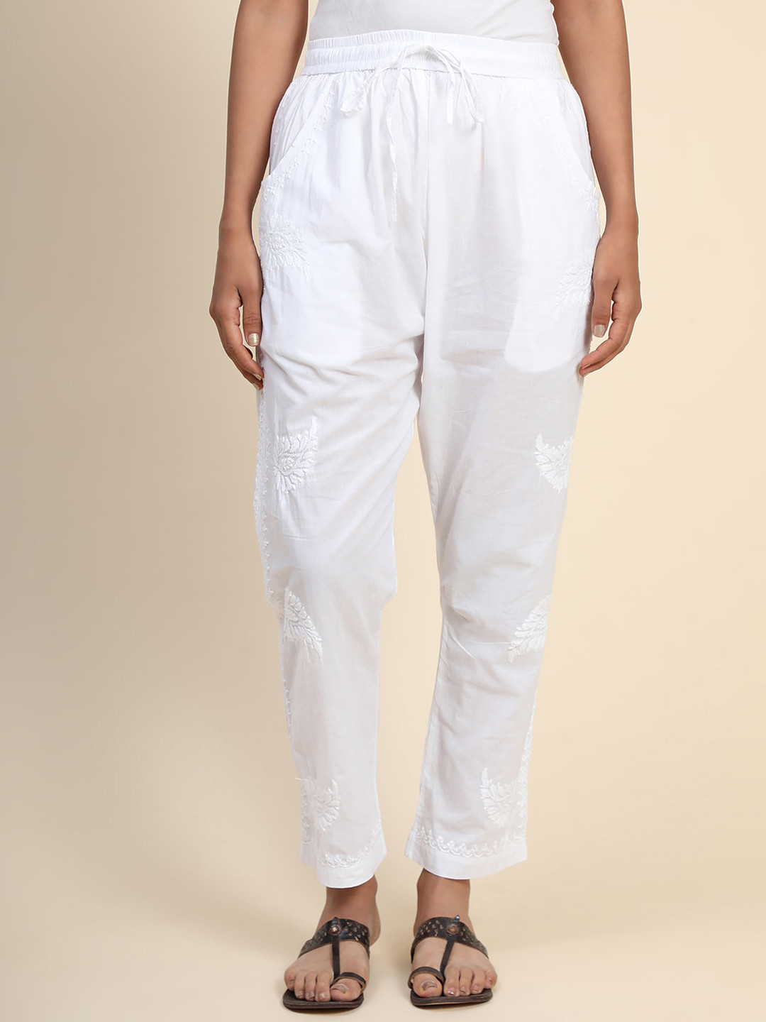 HOUSE OF KARI Women Mid-Rise Comfort Embroidered Straight Fit Cotton Trousers