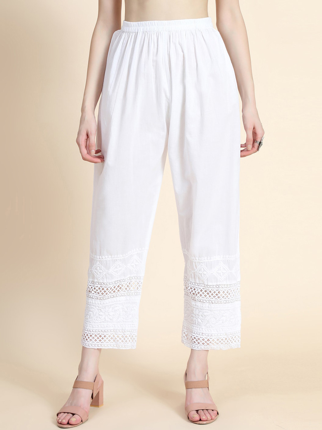 HOUSE OF KARI Women Comfort Straight Fit With Thread Work Cotton Trousers