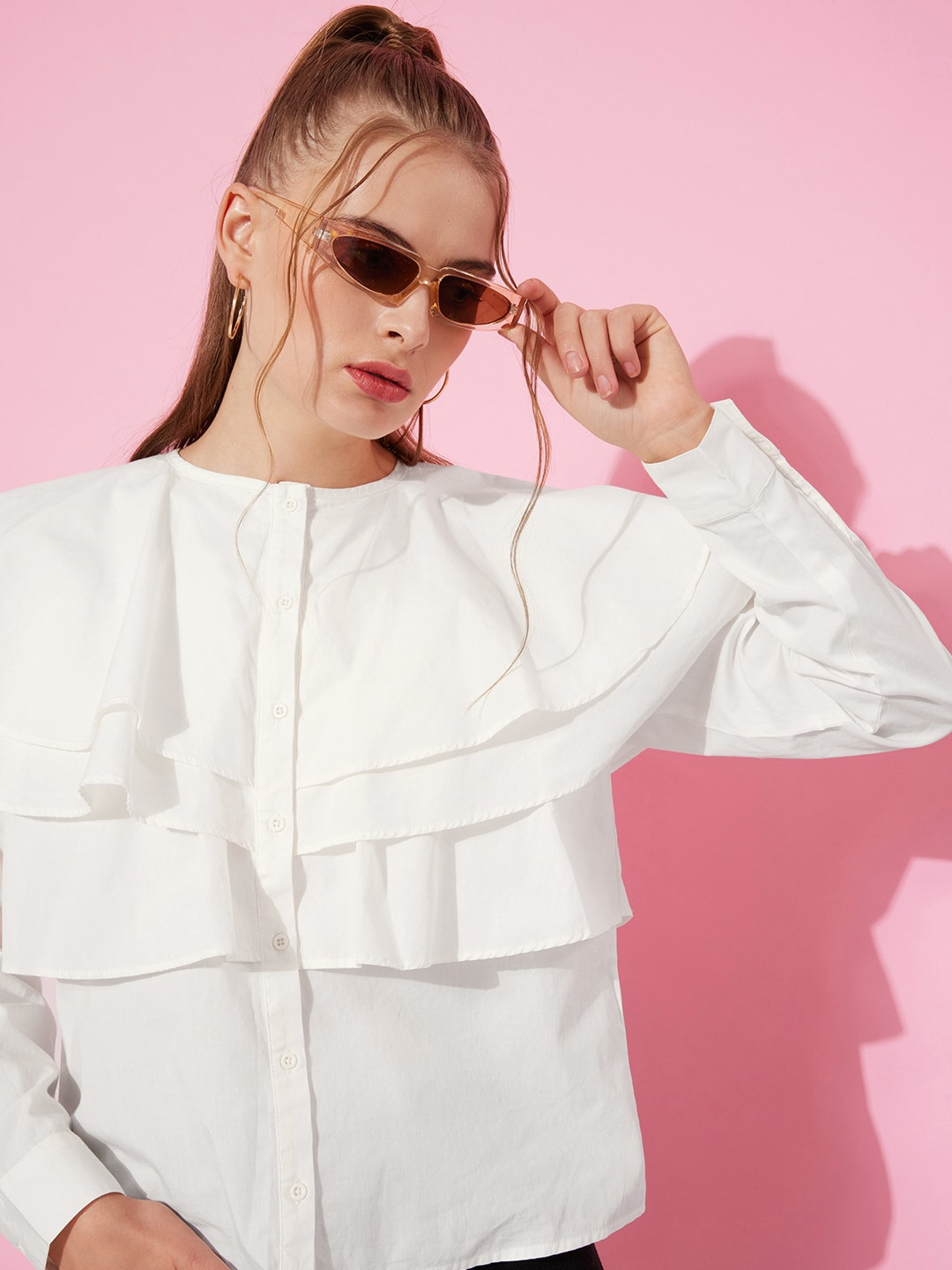 The Roadster Life Co. Snow White Solid Pure Cotton Whimsical ruffles Shirt Style Top