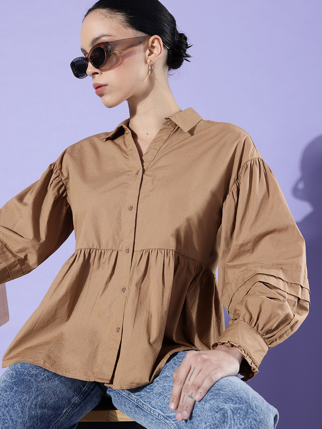 The Roadster Life Co. Muddy Brown Party Back To Work Peplum Pure Cotton Casual Shirt