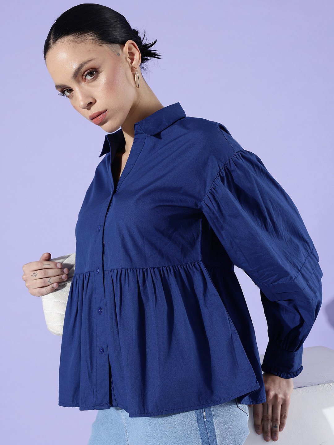 The Roadster Life Co. Cool Blue Party Back To Work Peplum Pure Cotton Casual Shirt