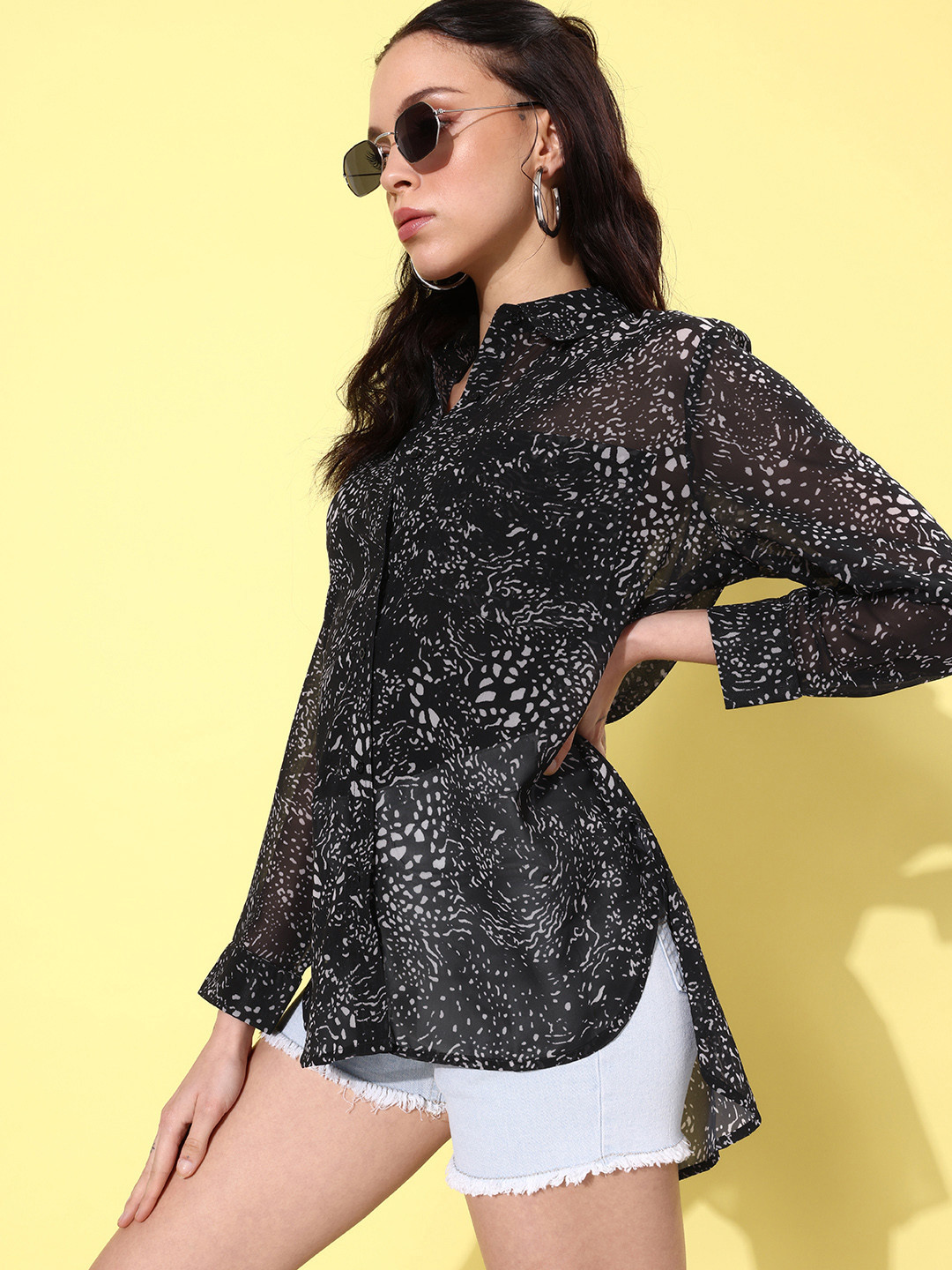 Roadster Women Inky Black Sheer Printed Casual Shirt