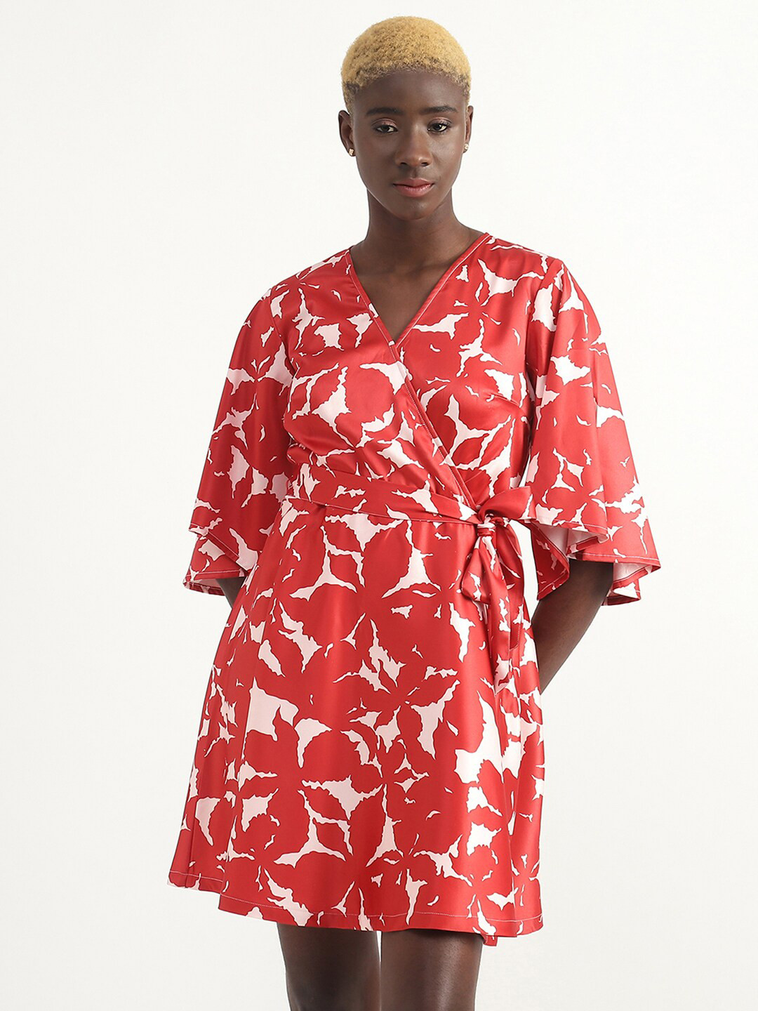 United Colors of Benetton V-Neck Flared Sleeves Abstract Printed A-Line Dress