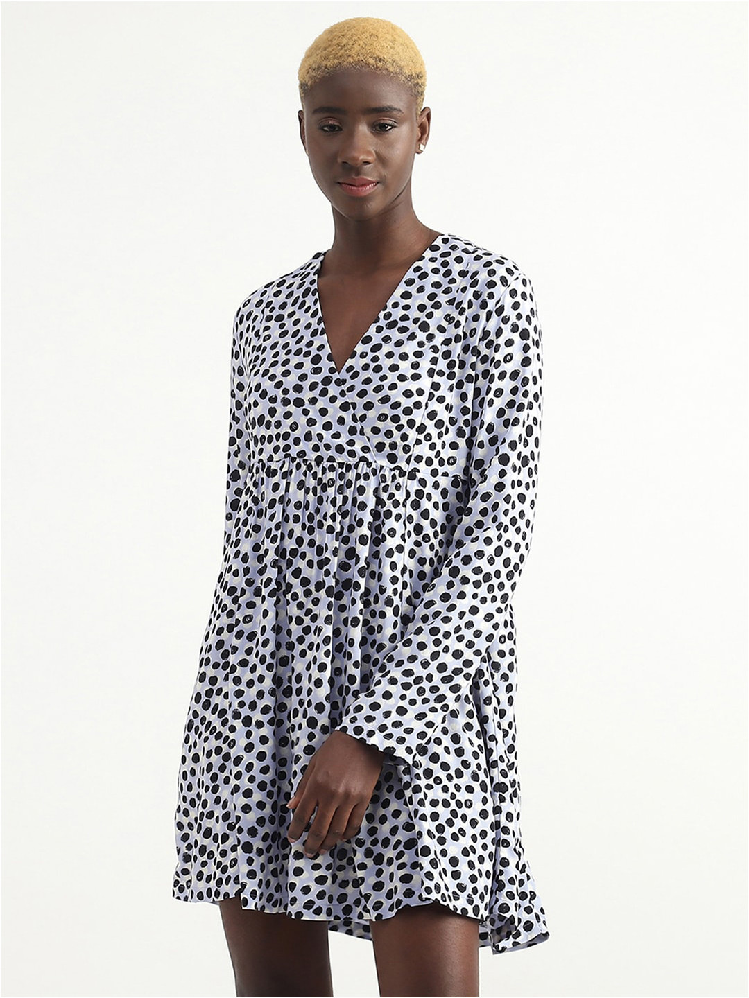 United Colors of Benetton V-Neck Gathered Abstract Printed A-Line Dress