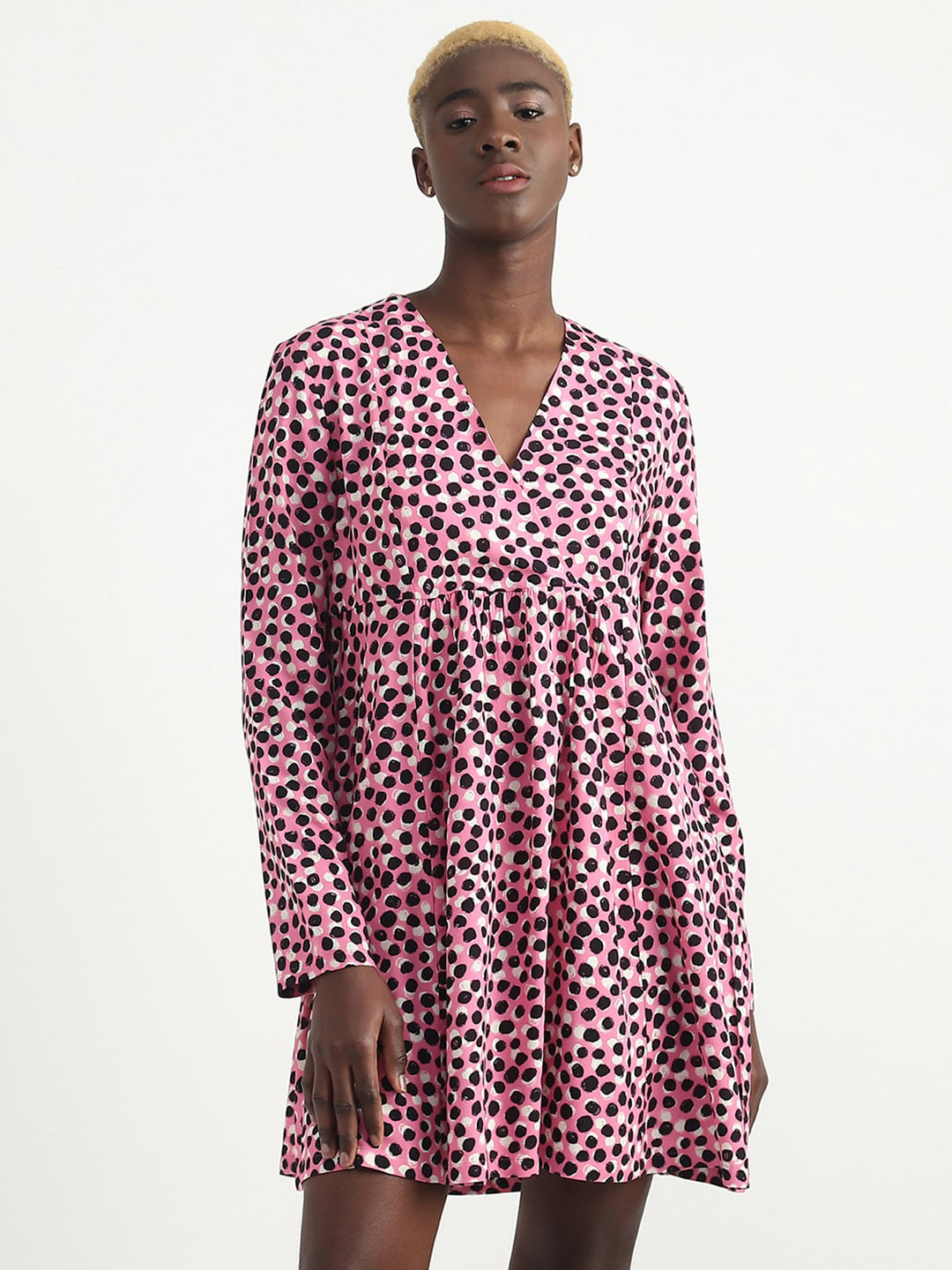 United Colors of Benetton Polka Dot Printed V Neck A-Line Dress