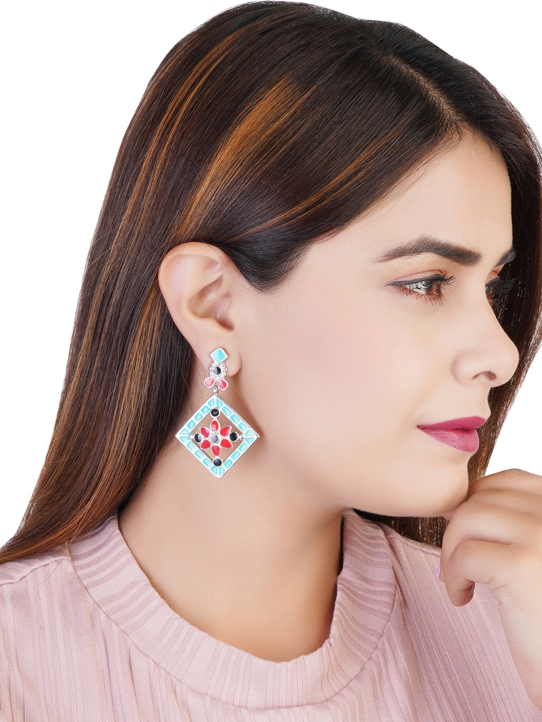 Estele Rhodium-Plated Geometric Shape Drop Earrings