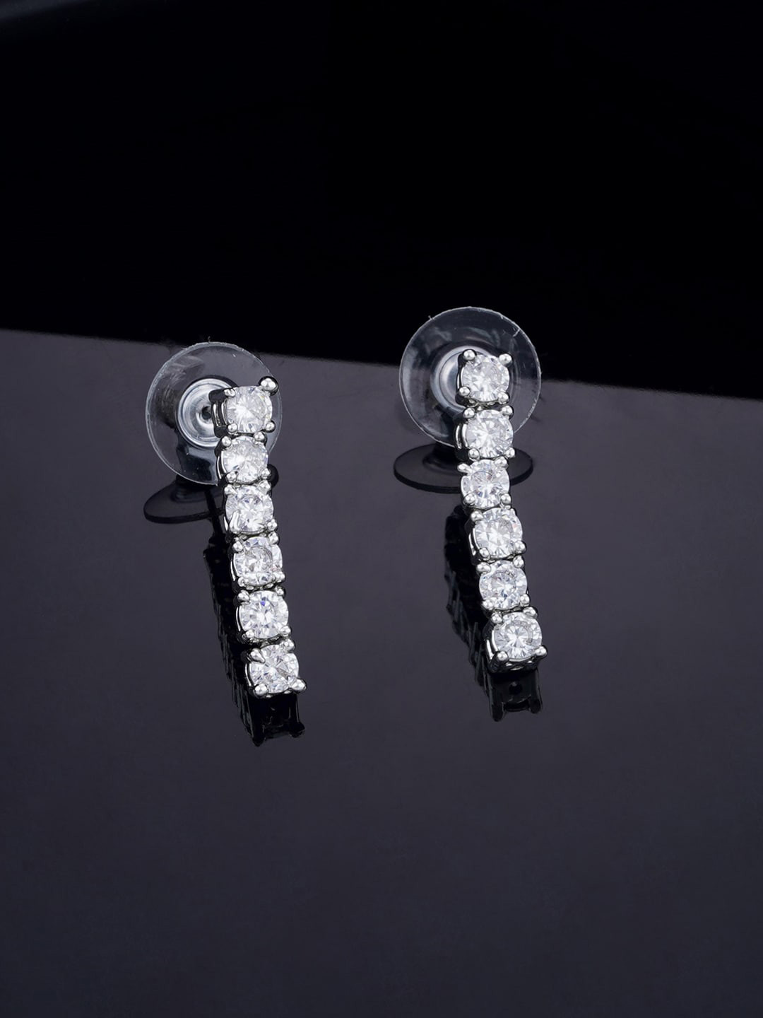 Estele Cubic Zirconia Stone Studded Rhodium-Plated Square Drop Earrings
