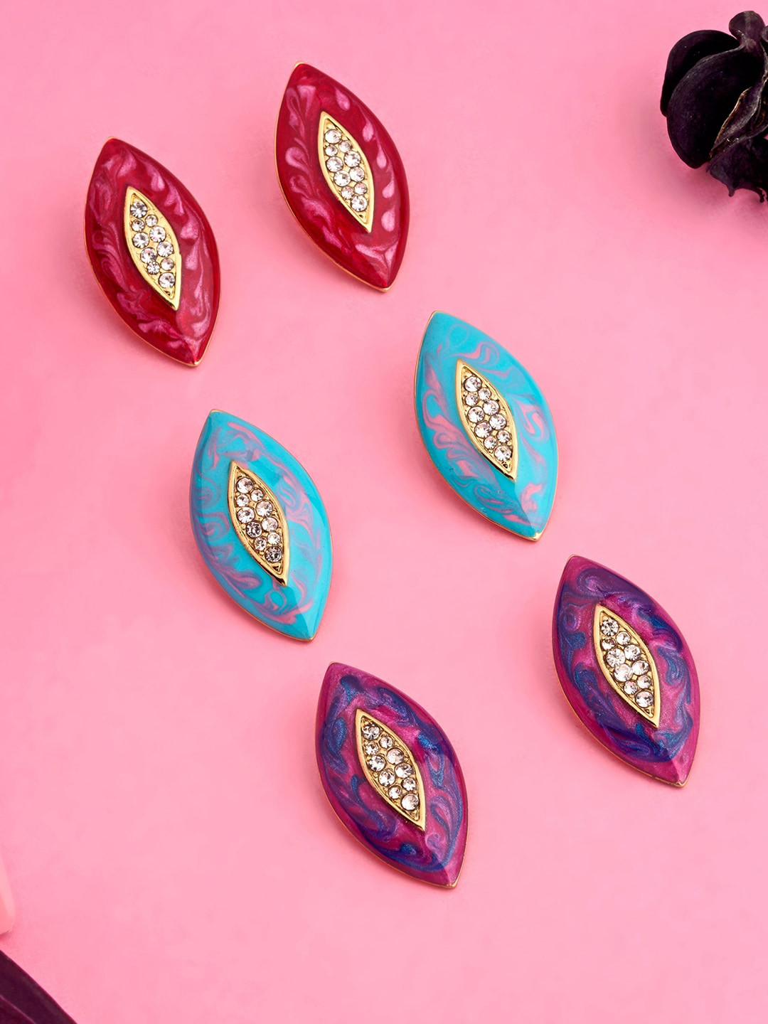 Estele Set Of 3 Gold-Plated Leaf Shaped Crystal Studs Earrings